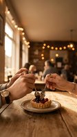 Couple sharing dessert tart with berries in cozy cafe with warm string lights creating romantic dining atmosphere for date night celebration.
