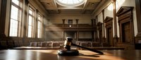 Empty courtroom interior with wooden gavel on judge bench, natural sunlight streaming through tall windows creating dramatic lighting atmosphere.