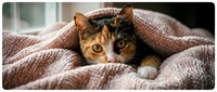 Adorable tabby cat hiding under cozy knitted blanket at home, peeking out with curious orange eyes, perfect for pet care and comfort themes.