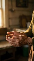 Elderly hands cupped together in warm sunlight showing wrinkles and age spots in cozy home interior for prayer meditation or receiving concept.