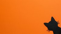 Black cat silhouette peeking from corner on vibrant orange background, isolated design element suitable for greeting cards, posters, and web graphics.