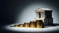 Classical bank building model with stacked golden coins representing financial growth, investment planning, and economic stability for business concepts.