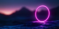 Glowing neon pink circle portal floating over snowy mountain landscape at dusk with purple and blue atmospheric lighting creates mystical sci-fi scene.