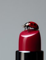 Red ladybug beetle sitting on burgundy lipstick tube against gray background for beauty and cosmetics advertising campaigns.