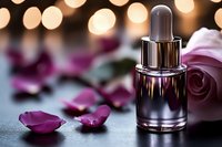 Purple glass dropper bottle with essential oil or serum against blurred bokeh lights, scattered rose petals and pink rose creating luxurious spa atmosphere.