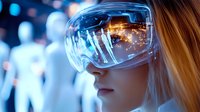 Young woman wearing futuristic virtual reality goggles with reflection of digital interface and glowing lights against blue bokeh background. Modern technology concept.