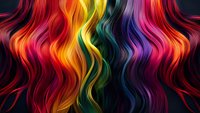 Vibrant rainbow colored wavy hair strands flowing in parallel lines against dark background create dynamic pattern of multicolored curves and waves.