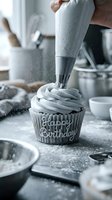 Baker piping swirled gray frosting onto a Happy Birthday cupcake dusted with powdered sugar in a rustic kitchen setting.