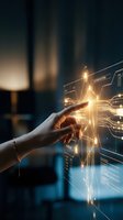 Hand touching glowing digital lightbulb with circuit board interface, representing innovation, technology solutions, and smart energy management for business and industrial applications.