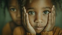 Young African American girl with hands on cheeks showing contemplative expression, warm lighting creates emotional portrait for childhood and family concepts.