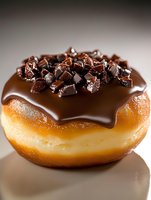 Fresh baked donut topped with dark chocolate glaze and crushed chocolate pieces on reflective surface, macro food photography with soft lighting.