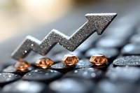 Glittering silver arrow trending upward over copper geometric shapes on dark surface, representing financial growth and business success in markets.