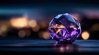 Purple crystal diamond gemstone with brilliant facets reflecting warm golden lights against blurred city bokeh background for luxury jewelry design concepts.
