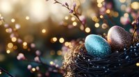 Glittering metallic Easter eggs in dark nest with spring cherry blossoms and soft bokeh lights creating magical holiday atmosphere for seasonal decorations.