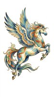 Ornate winged horse with flowing mane and tail in blue, gold, and orange tones, isolated on transparent background. Ready for t-shirts, stickers, clipart, and print-on-demand designs.