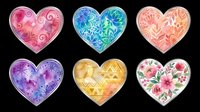 Six colorful watercolor hearts with floral and geometric patterns, isolated on transparent background, ready for stickers, t-shirt design, print on demand, and sublimation.