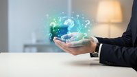 Businessperson holding glowing digital globe with question marks, representing global inquiry, customer support, and worldwide business solutions for corporate communications.