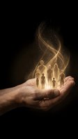 Glowing family silhouettes floating above open palm with golden light streams and sparkles on dark background representing protection and care.