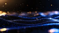 Abstract digital wave of glowing particles with blue light effects on dark background, flowing dots creating dynamic landscape pattern with bokeh elements.