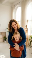 Happy mother with curly hair embracing smiling blonde daughter in bright modern home interior with natural light for family lifestyle content.