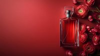 Elegant perfume bottle with red ranunculus flowers on deep red background, luxury fragrance concept for beauty and cosmetic advertising.
