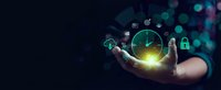 Hand holding glowing digital clock with cloud computing and security icons floating above palm against dark background with bokeh lights.
