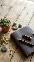 Leather journal with fountain pens, succulent plant and dried flowers on rustic wooden desk. Mindful writing and planning workspace setup.