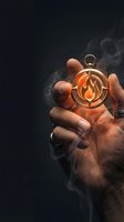 Hand holding glowing compass with flame symbol surrounded by mystical smoke on dark background for adventure and guidance concepts.
