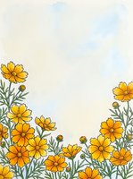 Yellow cosmos flowers border frame with green leaves on soft pastel background for greeting cards and invitations.