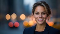 Young Caucasian businesswoman with natural makeup and casual hairstyle smiling against blurred city lights background during evening hours, expressing confidence and success.