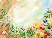 Watercolor cooking background with fresh vegetables, herbs, olive oil, and kitchen utensils arranged around central white space. Ideal for recipe blogs, food websites, culinary designs, and restaurant menus.