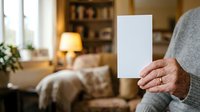 Senior man holding blank white card in cozy living room with warm lighting, bookshelf and comfortable furniture in background for advertising and promotional messaging.