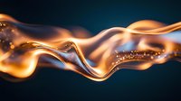 Glowing golden smoke waves with sparkling particles flow against dark background, creating mesmerizing abstract light trails and luminous motion effect.