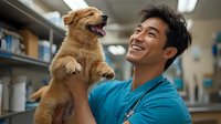 Young Asian male veterinarian in blue scrubs holding and playing with small mixed breed puppy at veterinary clinic, both expressing joy and positive interaction.