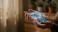 Hands holding a glowing holographic energy stream with water drops, futuristic healing concept in a cozy home interior setting.