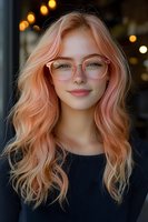Young Caucasian woman with pink wavy hair and trendy glasses smiling warmly against blurred bokeh background. Natural makeup and black sweater create modern casual look.