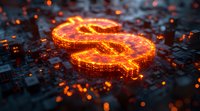 Glowing digital dollar symbol on futuristic circuit board background with orange light effects and bokeh, representing cryptocurrency and digital finance.