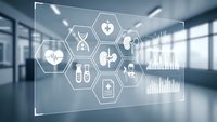 Digital healthcare interface with medical icons and data visualization in modern hospital corridor for telemedicine and health technology applications.