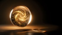 Glowing golden sphere with swirling particle vortex and luminous energy waves on dark background. Suitable for sci-fi, technology, and abstract design projects.