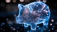 Glowing digital wireframe piggy bank with network connections on dark background illuminated by blue light, representing financial technology and digital banking.