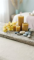 Zen spa still life with beeswax candles, smooth pebbles, and yellow orchids on rustic driftwood, evoking calm and wellness.