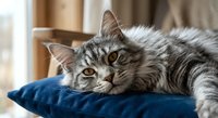 Adorable tabby cat resting on blue cushion in cozy home interior. Domestic pet relaxing indoors with natural window light creating warm atmosphere.