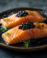 Fresh raw salmon fillets garnished with black caviar and dill on rustic ceramic plate against dark background, luxury seafood appetizer for gourmet menu.