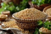 Raw chickpeas in woven basket on rustic wooden table with fresh herbs and natural light, macro food photography for healthy eating and cooking blogs.