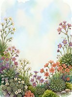 Watercolor garden frame with wildflowers, succulents, and pastel blooms surrounding a soft sky background with copy space.