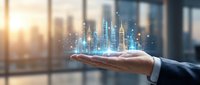 Businessman holding glowing holographic cityscape with digital skyscrapers and data points, representing urban development, smart city technology, and business growth opportunities.