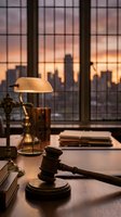Law office desk with gavel and scales of justice at sunset overlooking city skyline through large windows for legal services and attorney concepts.