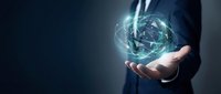 Businessman in dark suit holding glowing digital globe with network connections, representing global business, technology innovation, and worldwide digital transformation for corporate solutions.
