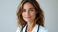 Young female medical professional with wavy brown hair wearing white coat and stethoscope smiling confidently against light background. Healthcare concept.