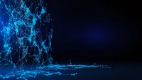 Digital network connections with glowing blue nodes and data streams on dark background for technology presentations and cyber security concepts.